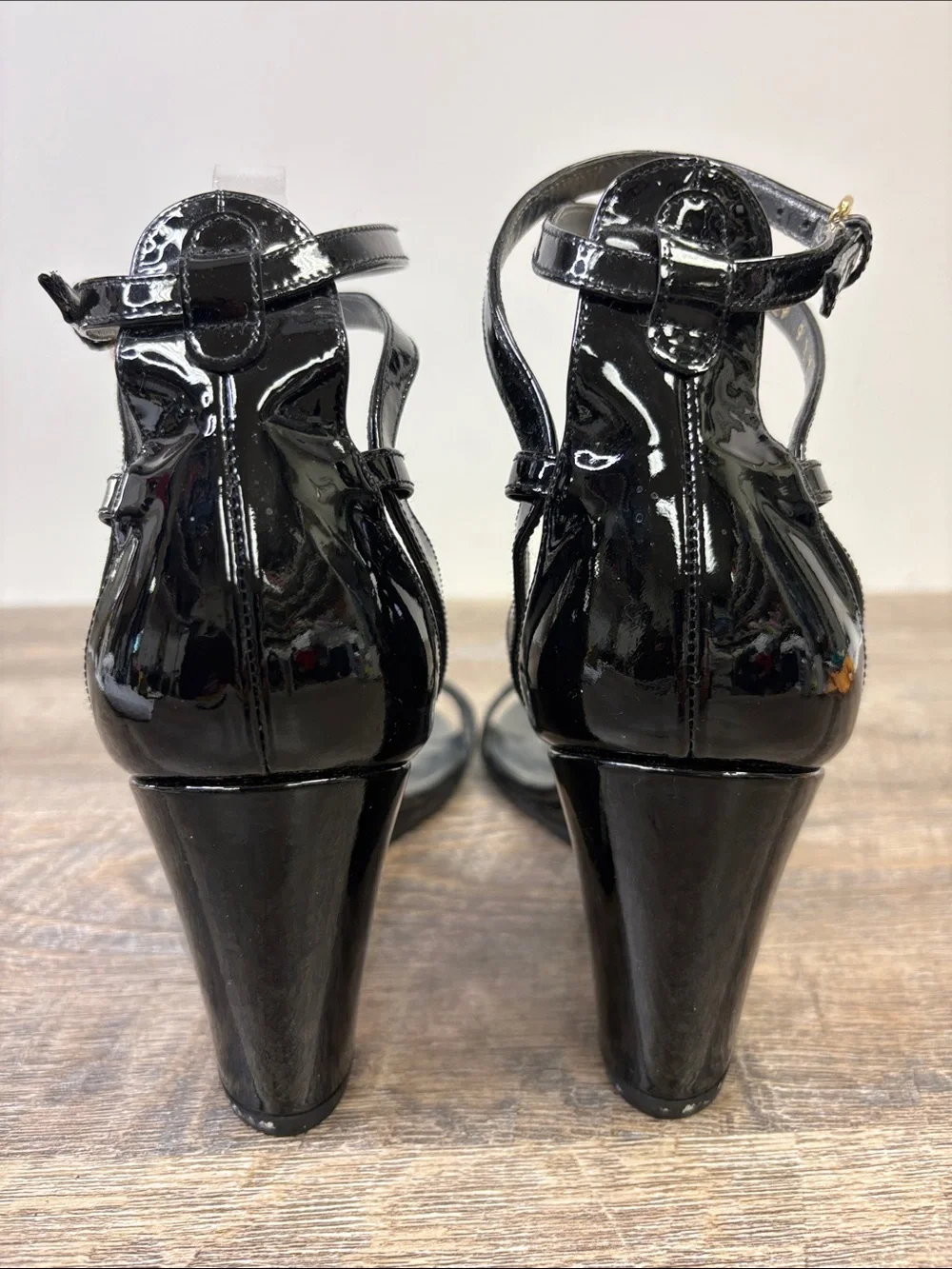 Stuart Weitzman Black Patent Leather Ankle Strap Wedge Sandals Size 9.5